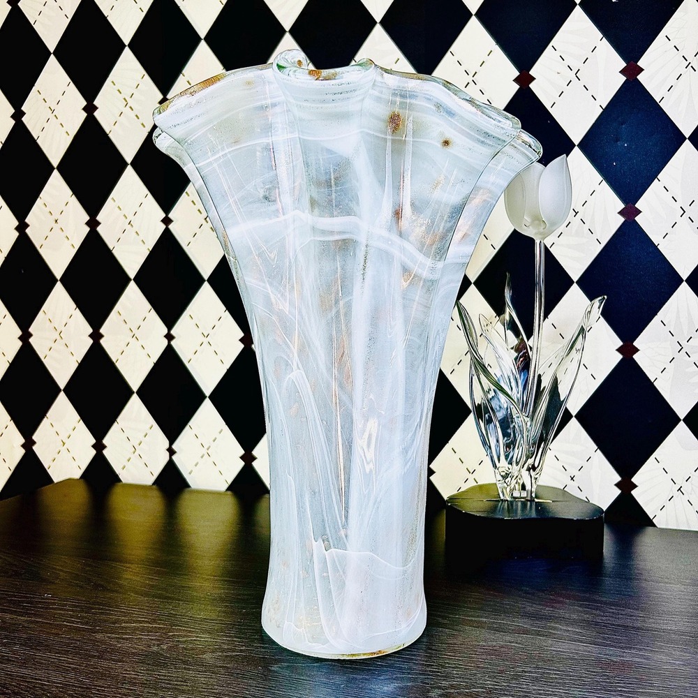 White Opaline Art Glass Vase 15" Ruffled Aventurine Statement - Picture 11 of 17
